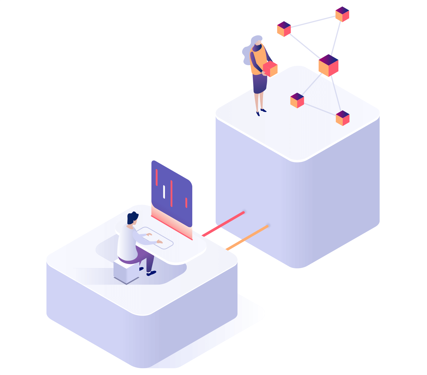 acaht de lead illustration of two persons one is holding box and other one is working on screen